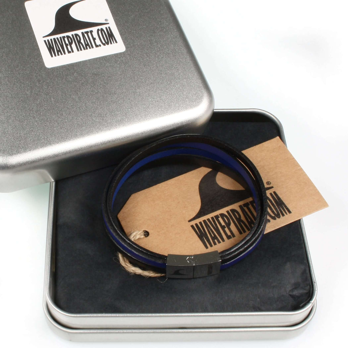 Herren-Leder-Armband-Twist-grau-blau-flach-Edelstahlverschluss-geschenkbox-wavepirate-shop