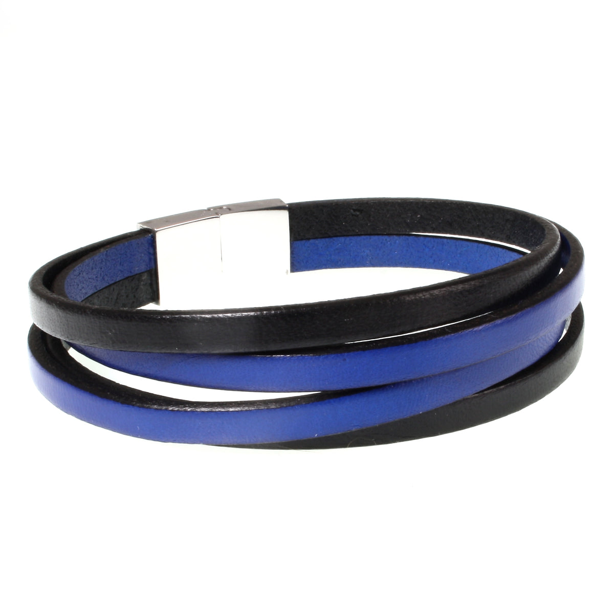 Modisches-Herren-Leder-Armband-Twist-schwarz-blau-flach-Edelstahlverschluss-hinten-wavepirate-shop