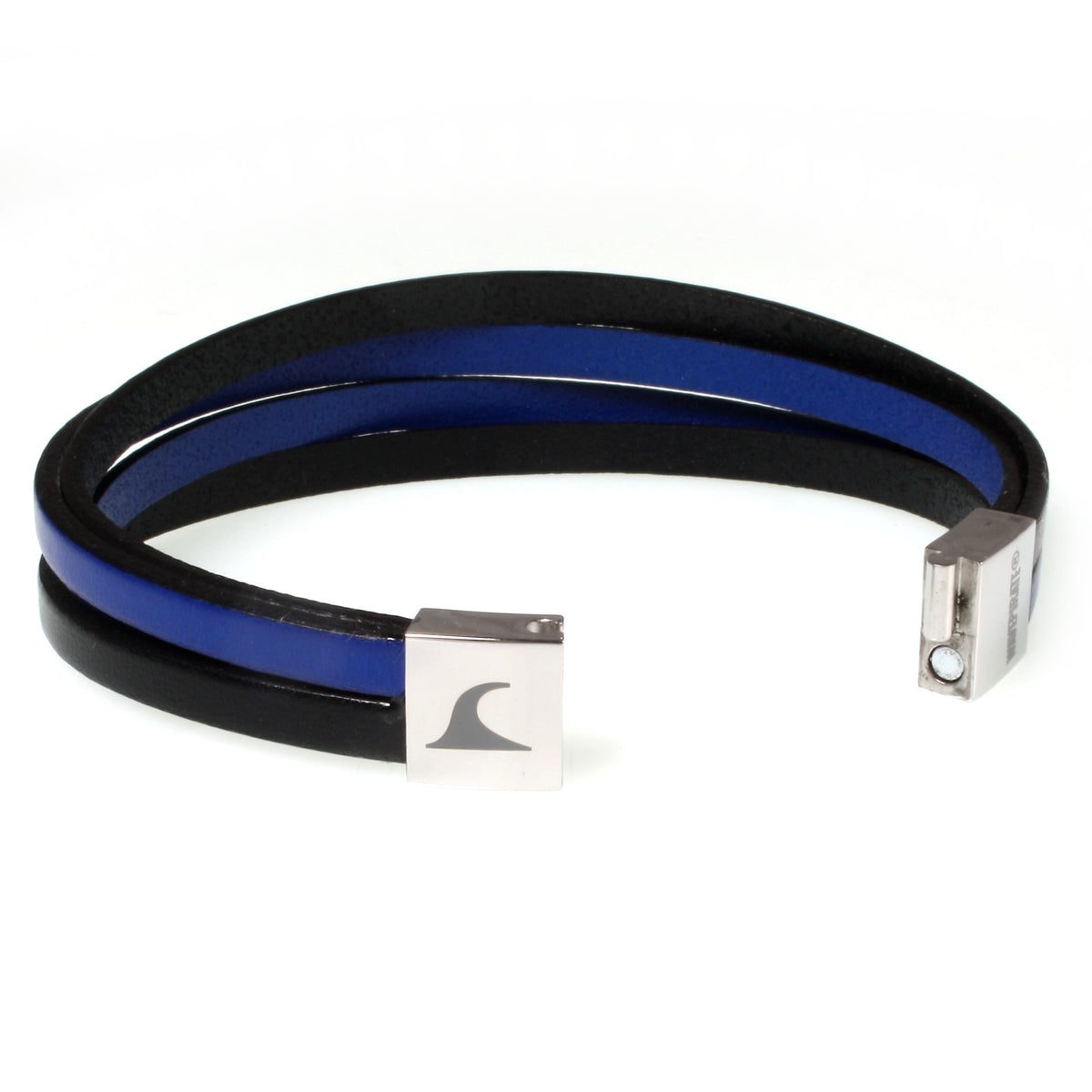 Herren-Leder-Armband-Twist-schwarz-blau-flach-Edelstahlverschluss-offen-wavepirate-shop