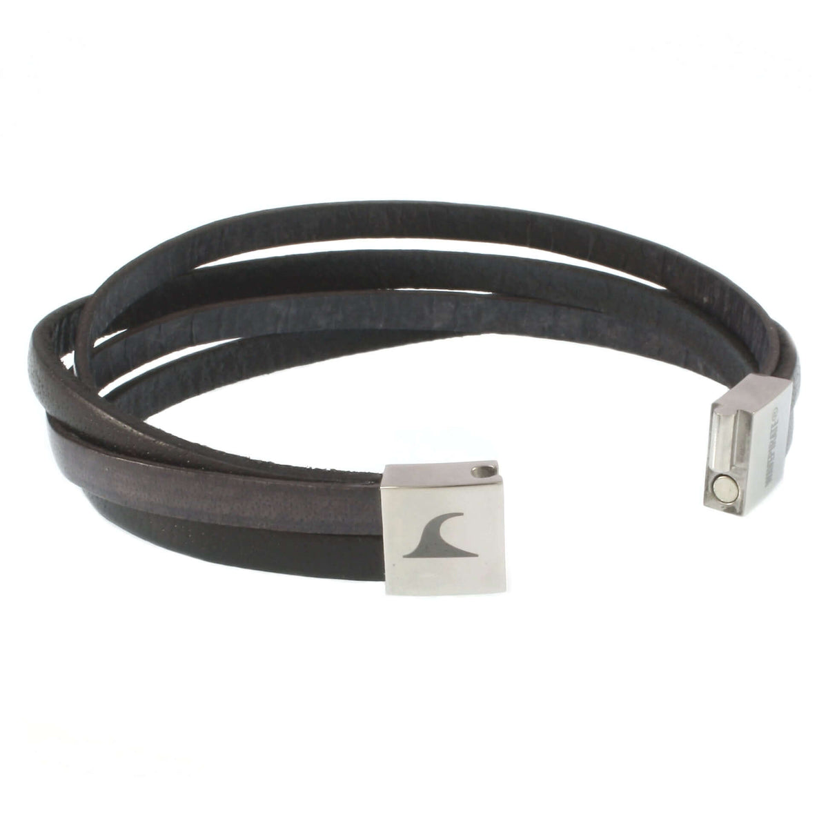 Herren-Leder-Armband-Twist-schwarz-grau-flach-Edelstahlverschluss-offen-wavepirate-shop