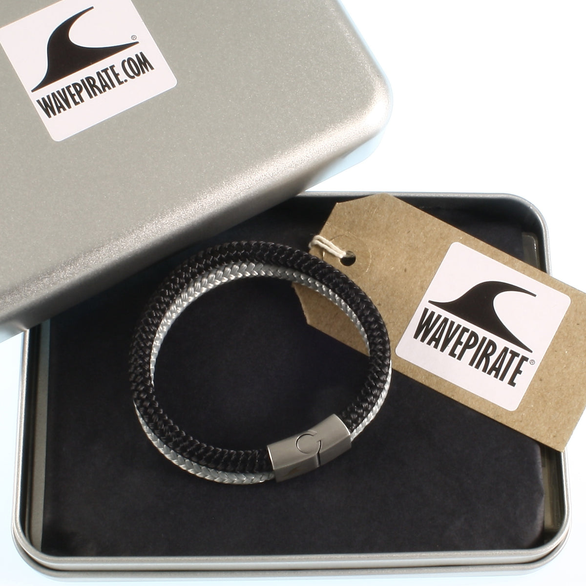 Herren-Segeltau-Armband-Tarifa-schwarz-grau-geflochten-Edelstahlverschluss-geschenkbox-wavepirate-shop-st