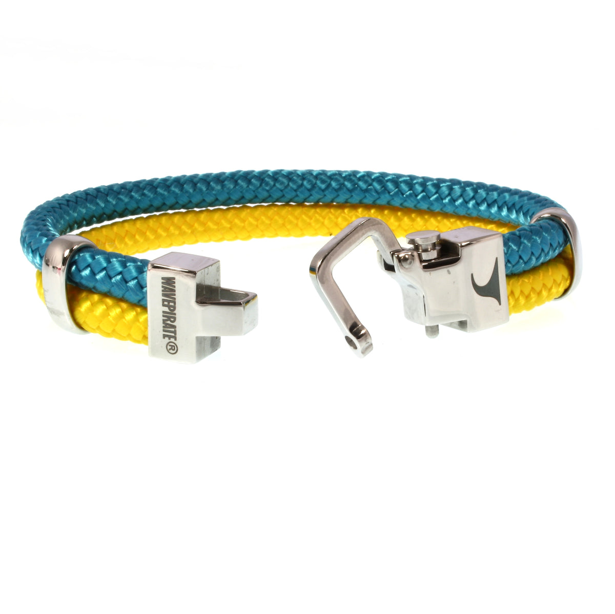 Modisches-Herren-Segeltau-Armband-Turn-blau-gelb-geflochten-Edelstahlverschluss-offen-wavepirate-shop-st