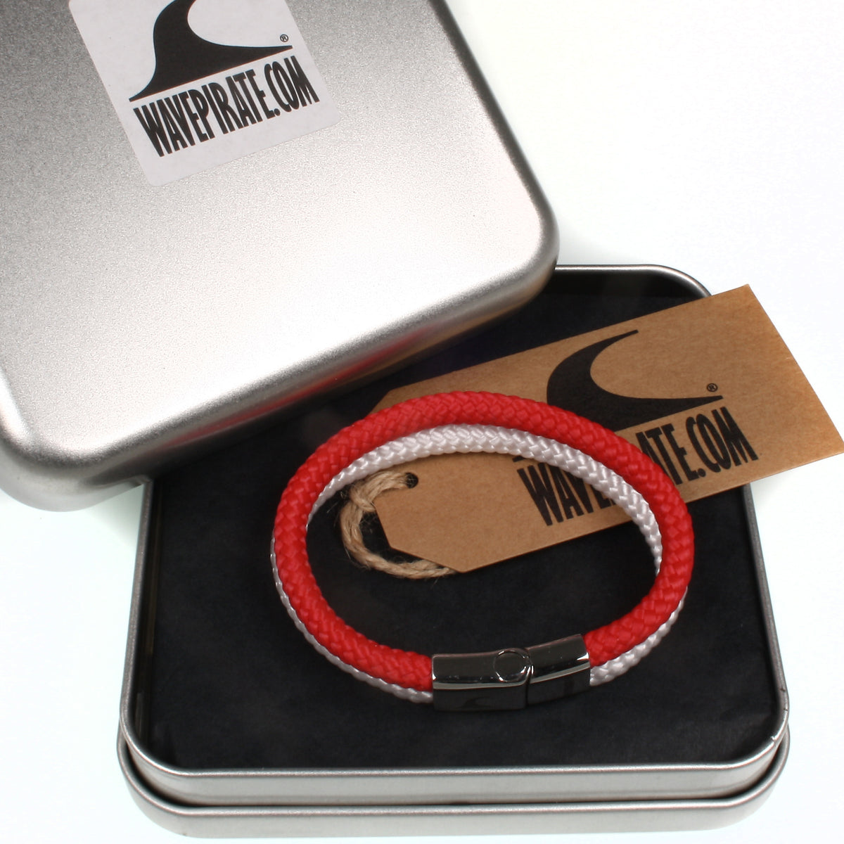 Segeltau-Armband-Damen-Herren-Tarifa-rot-weiss-geflochten-Edelstahlverschluss-geschenkbox-wavepirate-shop-st