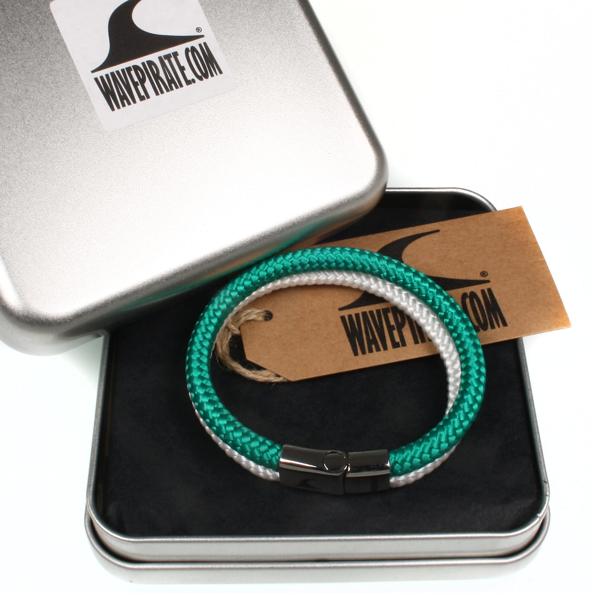 Segeltau-Armband-Herren-Damen-Tarifa-gruen-weiss-geschenkverpackung-Edelstahlverschluss-geflochten-wavepirate-shop-st