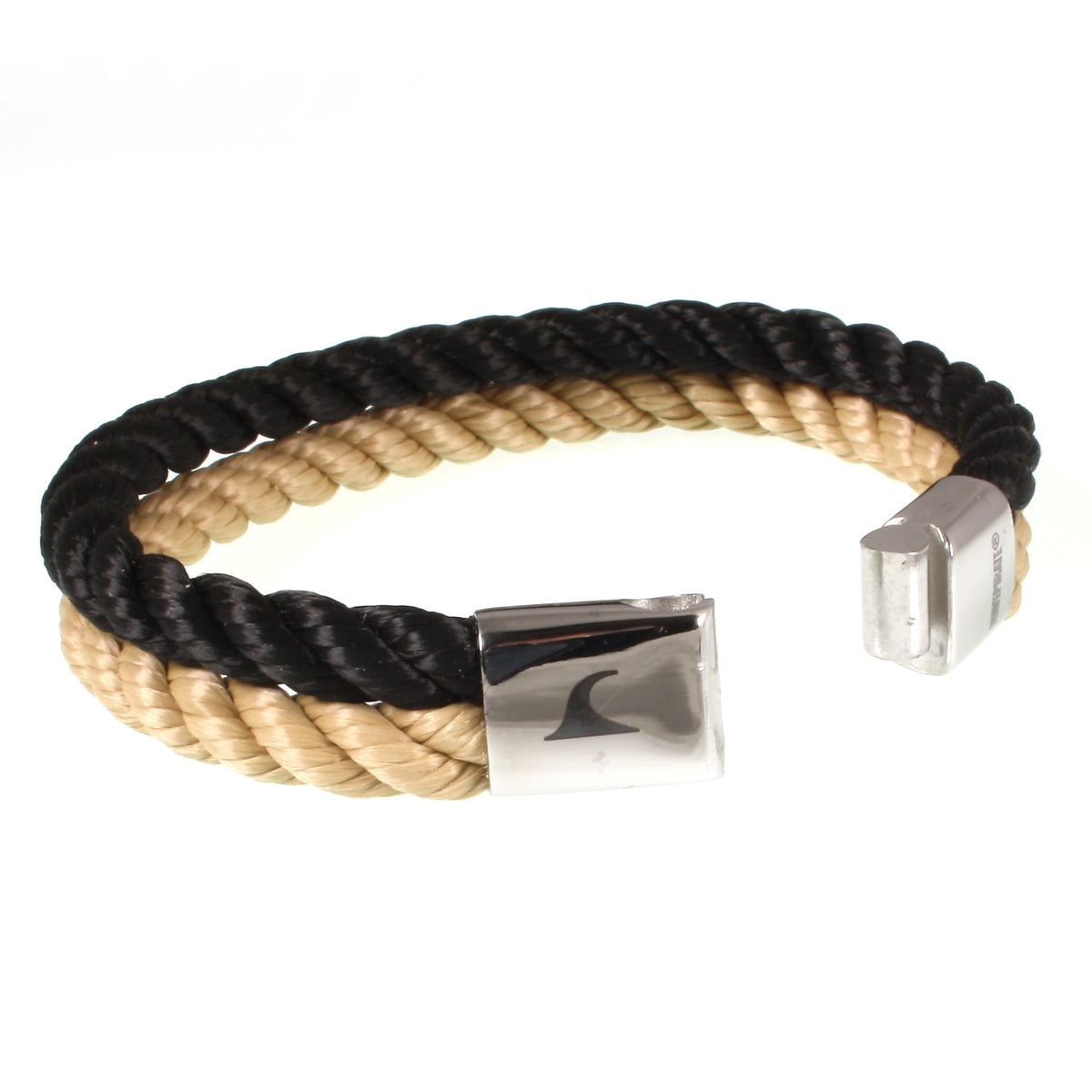 Segeltau-Armband-Herren-Tarifa-schwarz-beige-geflochten-Kordel-Edelstahlverschluss-offen-wavepirate-shop-k