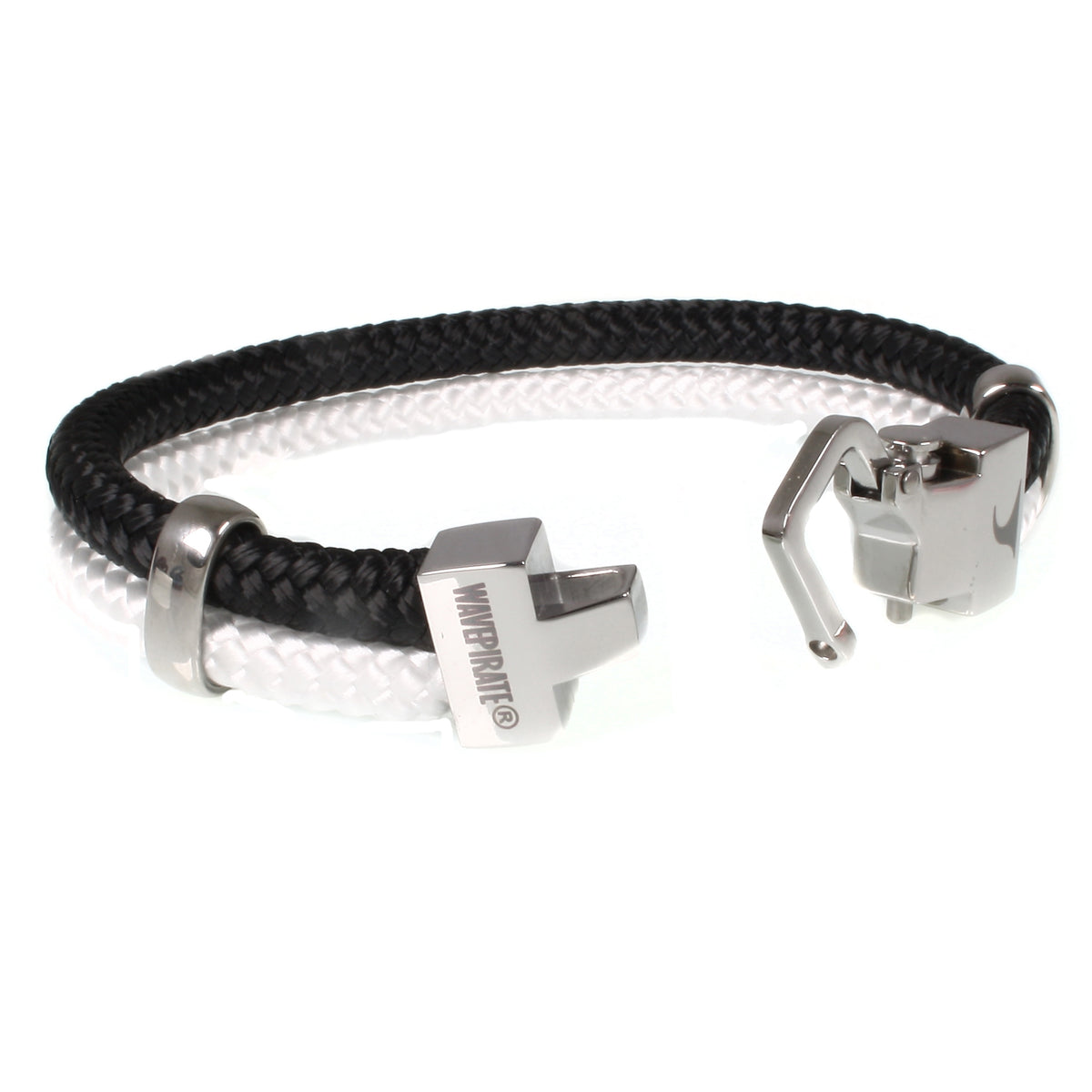 Segeltau-Armband-Herren-Turn-schwarz-weiss-geflochten-Edelstahlverschluss-offen-wavepirate-shop-st