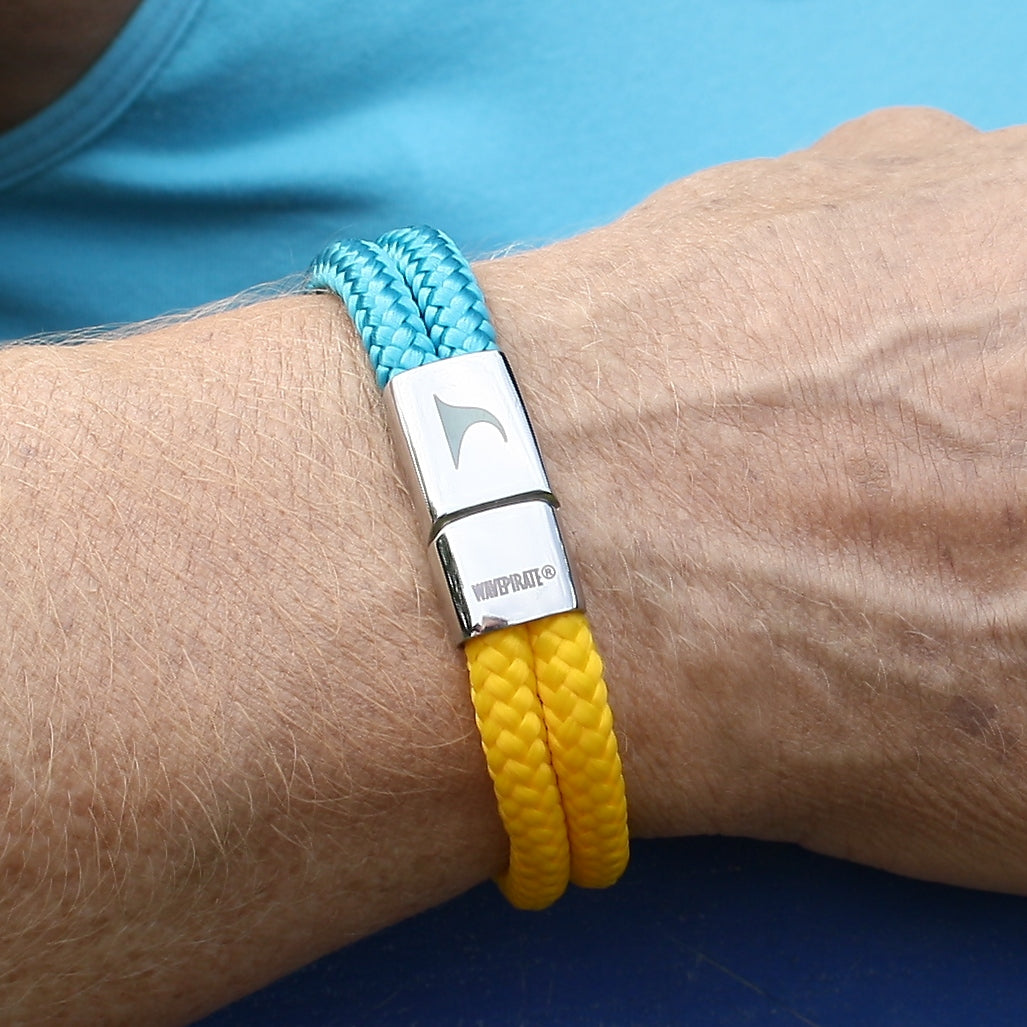 Segeltau-armband-Damen-pure-blau-gelb-silber-geflochten-Edelstahlverschluss-getragen-wavepirate-shop-st1