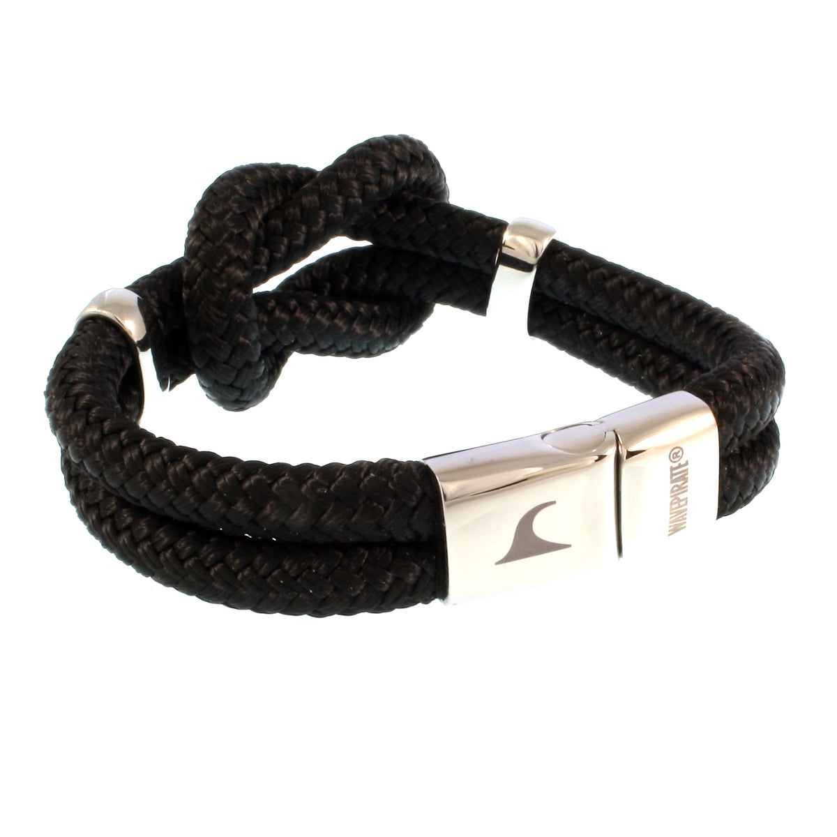 Segeltau-armband-Damen-pure-schwarz-silber-geflochten-Edelstahlverschluss-vorn-wavepirate-shop-st