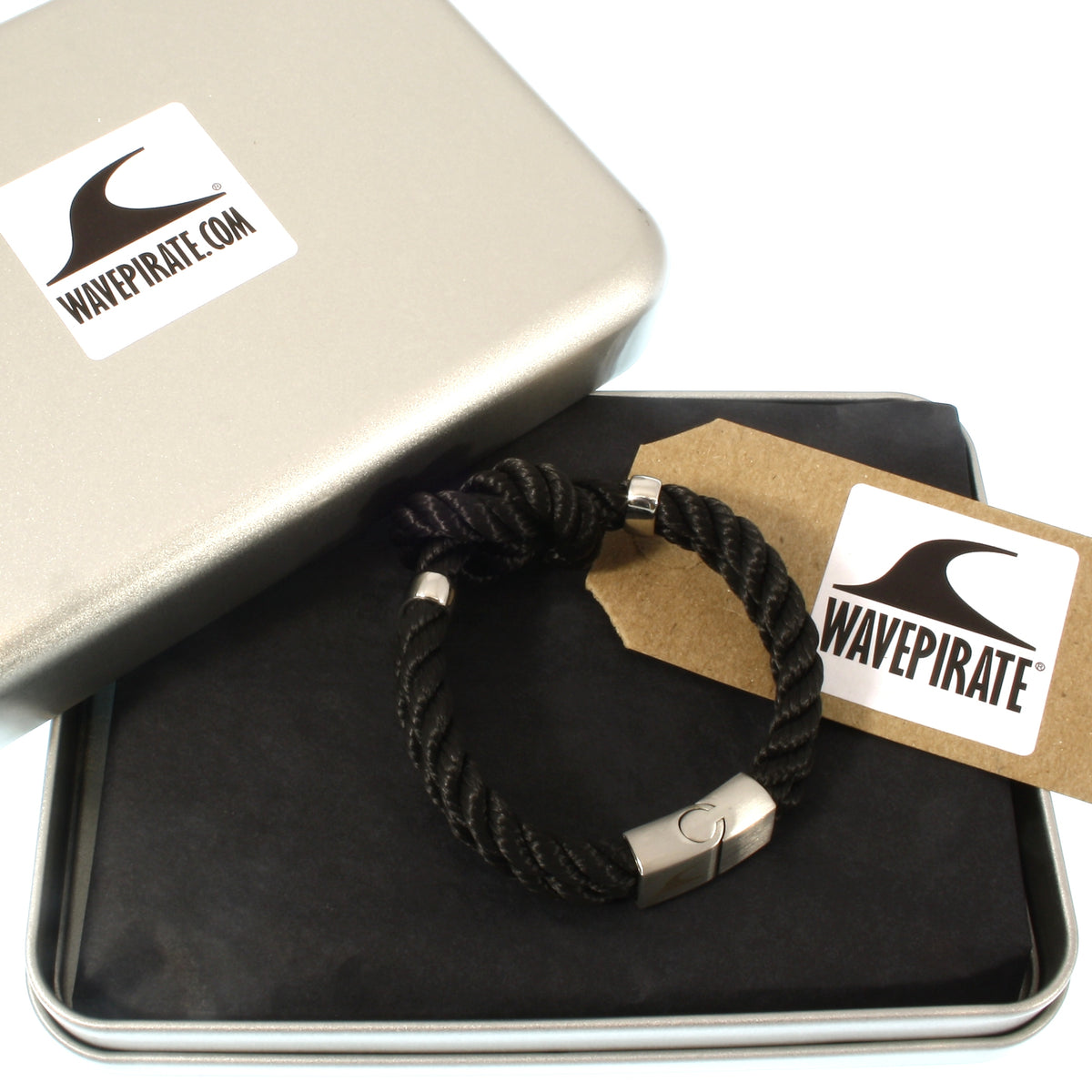 Segeltau-armband-Damen-pure-schwarz-silber-kordel-geflochten-Edelstahlverschluss-geschenkverpackung-wavepirate-shop-k