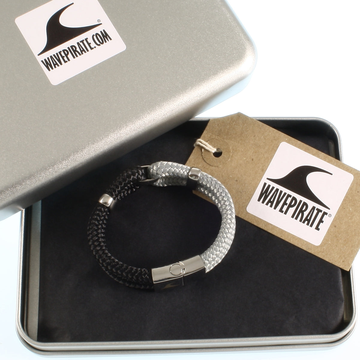 Segeltauarmband-Damen-roma-schwarz-grau-geflochten-Edelstahlverschluss-geschenkverpackung-wavepirate-shop-st