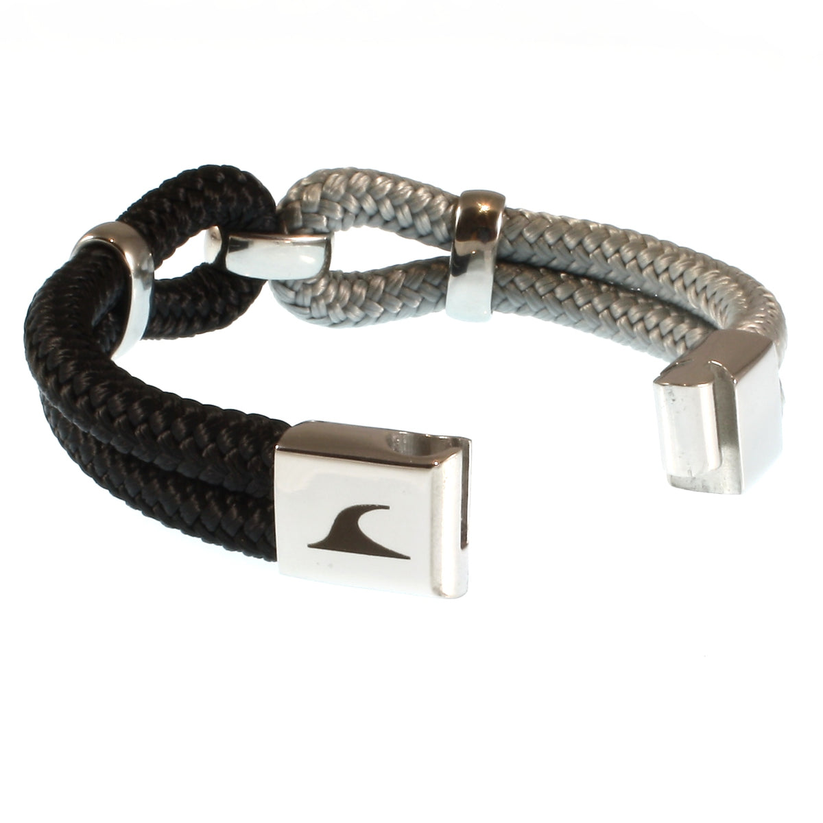 Segeltauarmband-Damen-roma-schwarz-grau-geflochten-Edelstahlverschluss-offen-wavepirate-shop-st