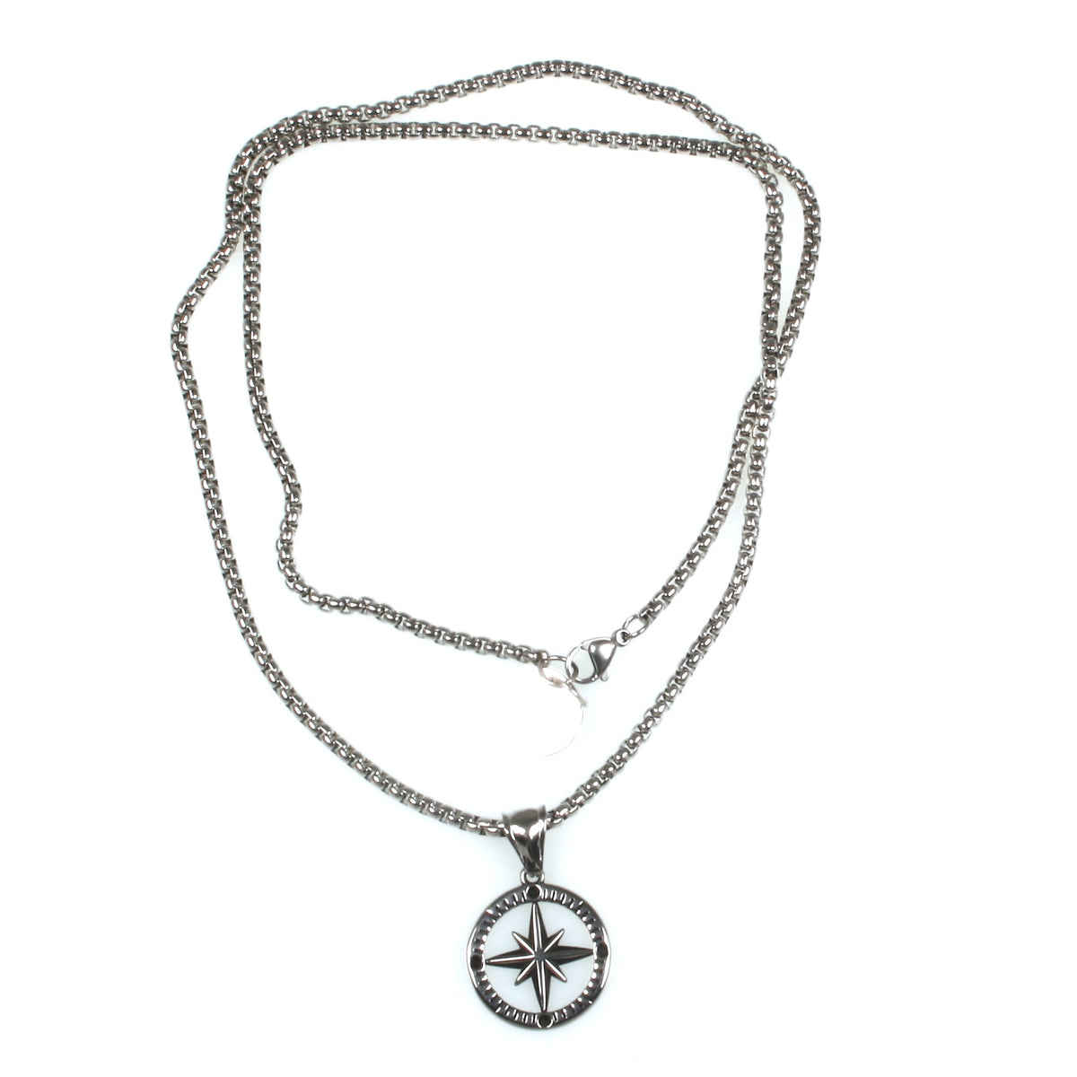 edelstahl-halskette-Herren-damen-kompass-windrose-silber-wasserfest-Edelstahlverschluss-vorn-wavepirate-shop-es