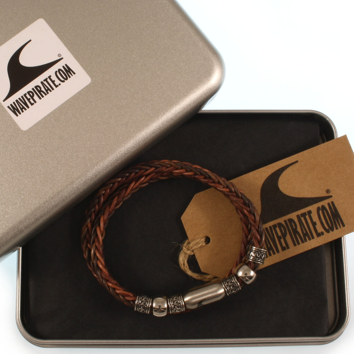 leder-halskette-Herren-damen-atoll-braun-silber-silber-geflochten-Edelstahlverschluss-geschenkverpackung-wavepirate-shop-z8