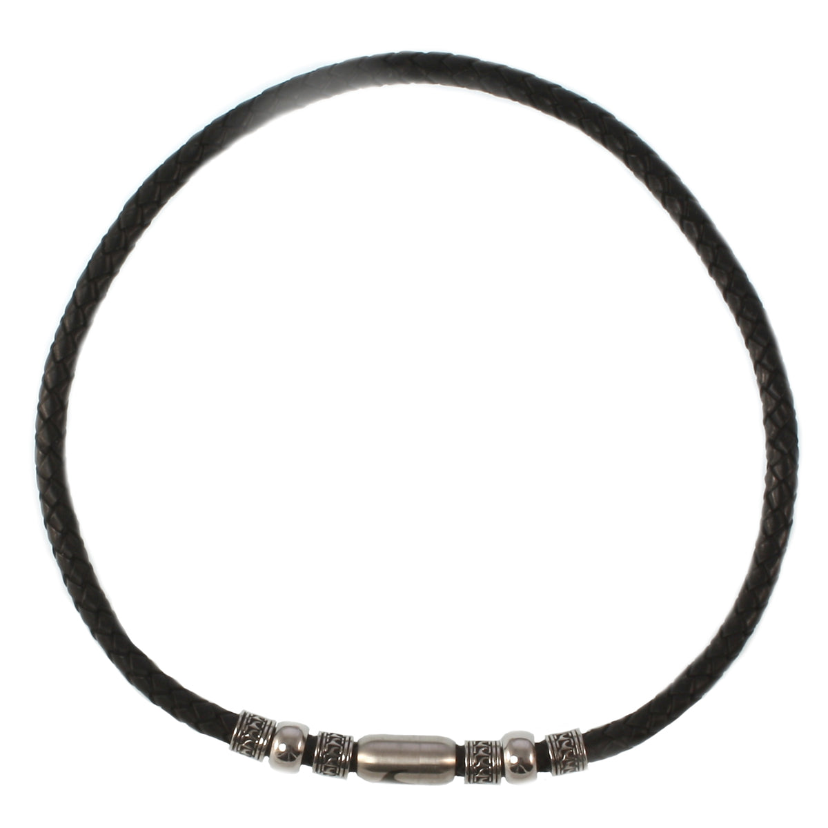 leder-halskette-Herren-damen-atoll-schwarz-silber-geflochten-Edelstahlverschluss-vorn-wavepirate-shop-f
