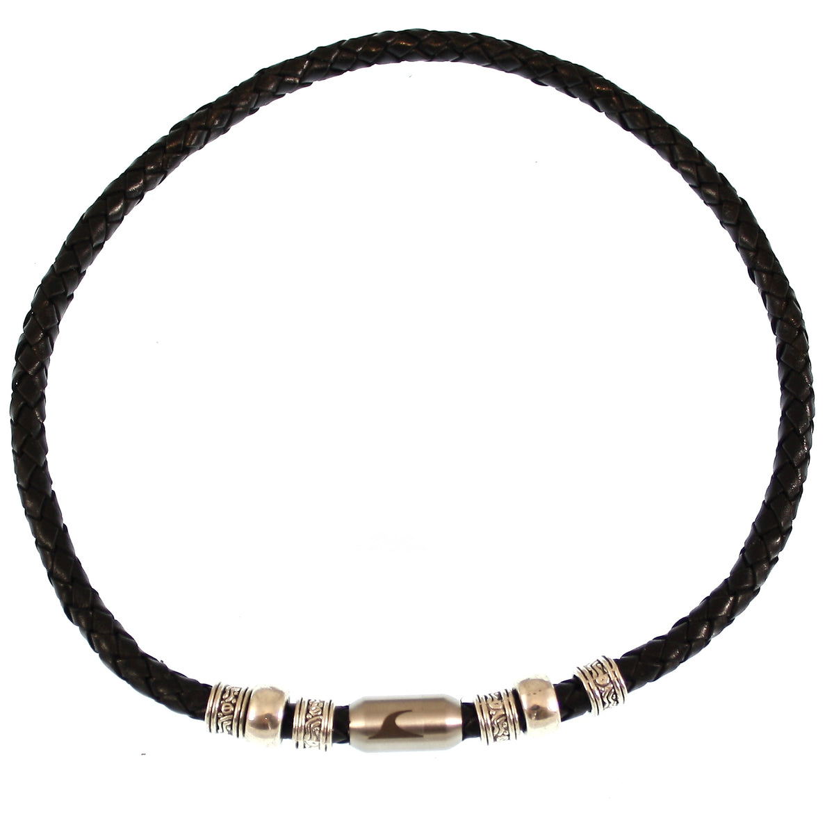 leder-halskette-Herren-damen-charm-schwarz-silber-geflochten-Edelstahlverschluss-vorn-wavepirate-shop-f