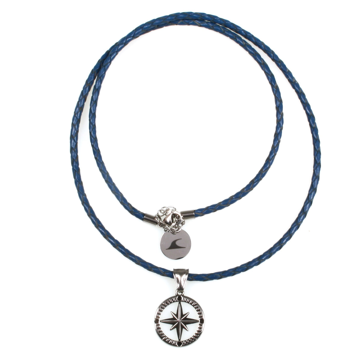 leder-halskette-Herren-damen-kompass-windrose-blau-geflochten-Edelstahlverschluss-vorn-wavepirate-shop-f
