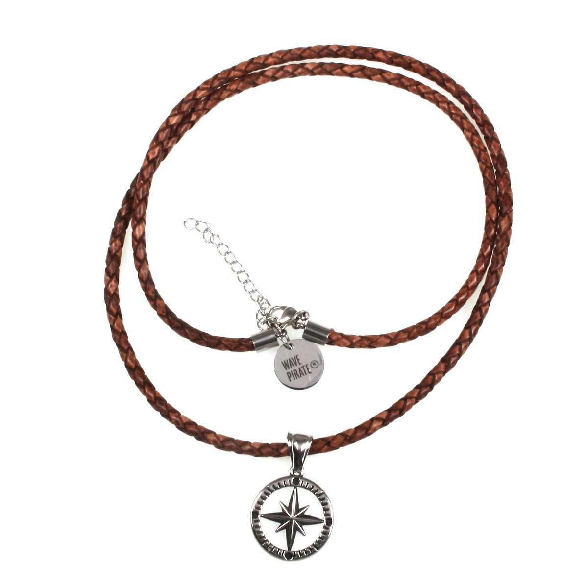 leder-halskette-Herren-damen-kompass-windrose-cognac-geflochten-Edelstahlverschluss-vorn-wavepirate-shop-f