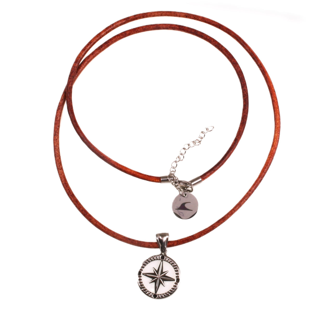 leder-halskette-Herren-damen-kompass-windrose-cognac-riemen-massiv-Edelstahlverschluss-vorn-wavepirate-shop-r