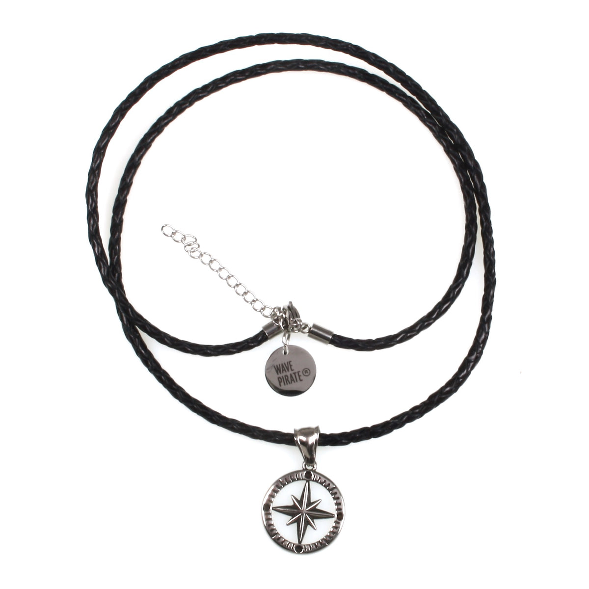 leder-halskette-Herren-damen-kompass-windrose-schwarz-geflochten-Edelstahlverschluss-vorn-wavepirate-shop-f