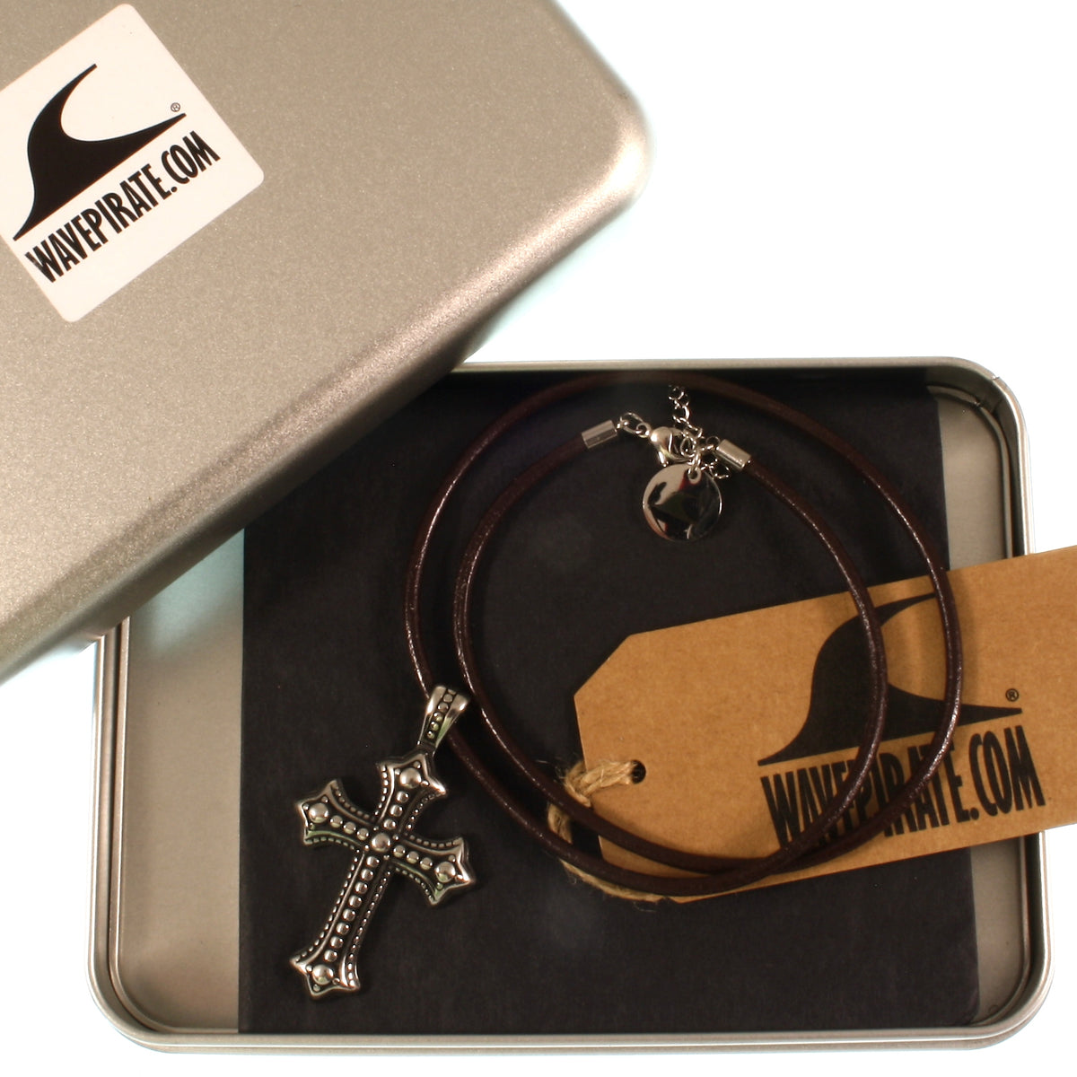 leder-halskette-Herren-damen-kreuz-braun-riemen-massiv-Edelstahlverschluss-geschenkverpackung-wavepirate-shop-r