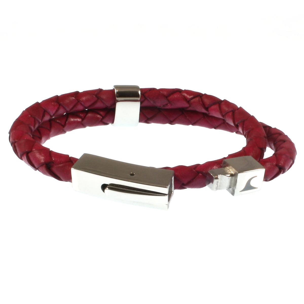 lederarmband-damen-himbeer-two-geflochten-Edelstahlverschluss-offen-wavepirate-shop-f