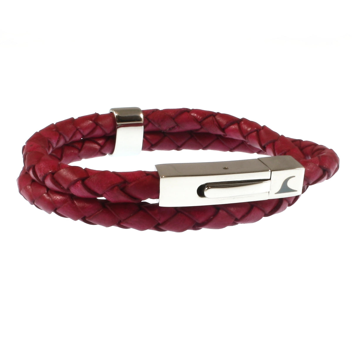 lederarmband-damen-himbeer-two-geflochten-Edelstahlverschluss-vorn-wavepirate-shop-f