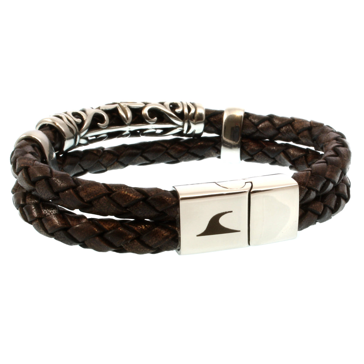 lederarmband-herren-braun-xo-geflochten-Edelstahlverschluss-vorn-wavepirate-shop-f