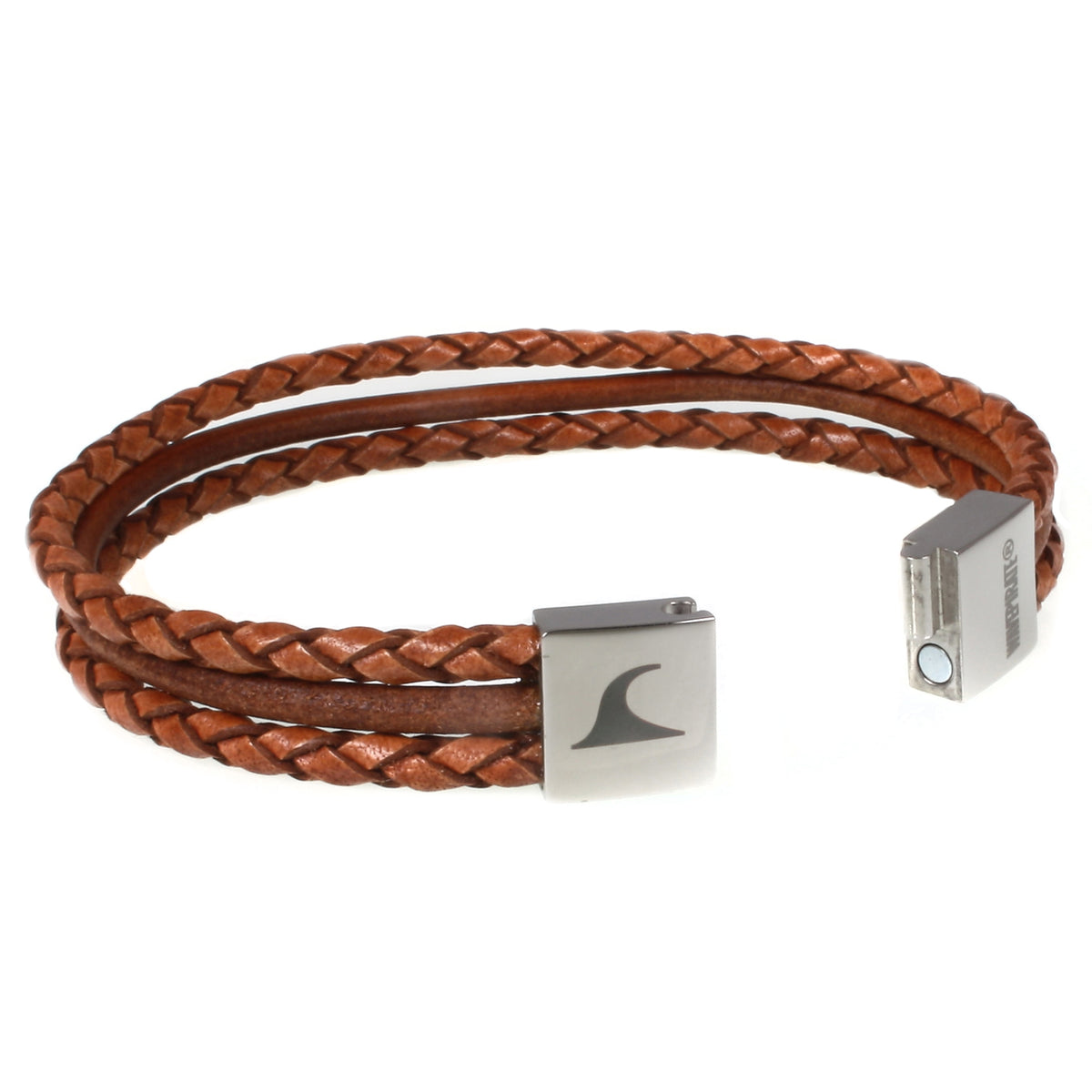 lederarmband-herren-cognac-trio-geflochten-Edelstahlverschluss-offen-wavepirate-shop-f