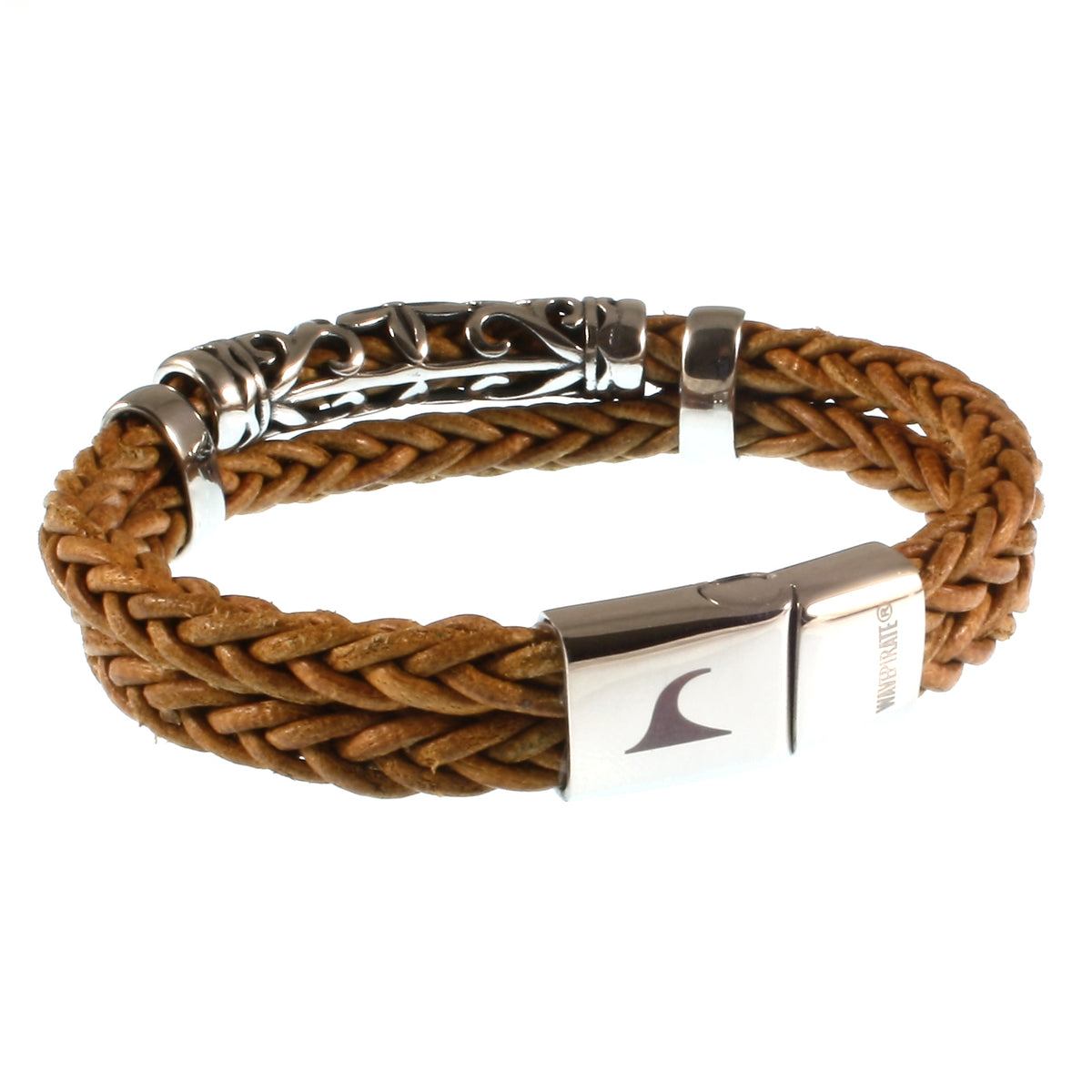 lederarmband-herren-cognac-xo-geflochten-Edelstahlverschluss-hinten-wavepirate-shop-z8
