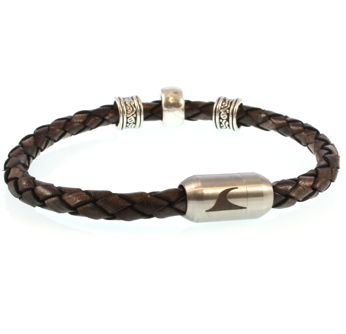 lederarmband-herren-damen-braun-silber-sylt-charm-geflochten-Edelstahlverschluss-vorn-wavepirate-shop-f