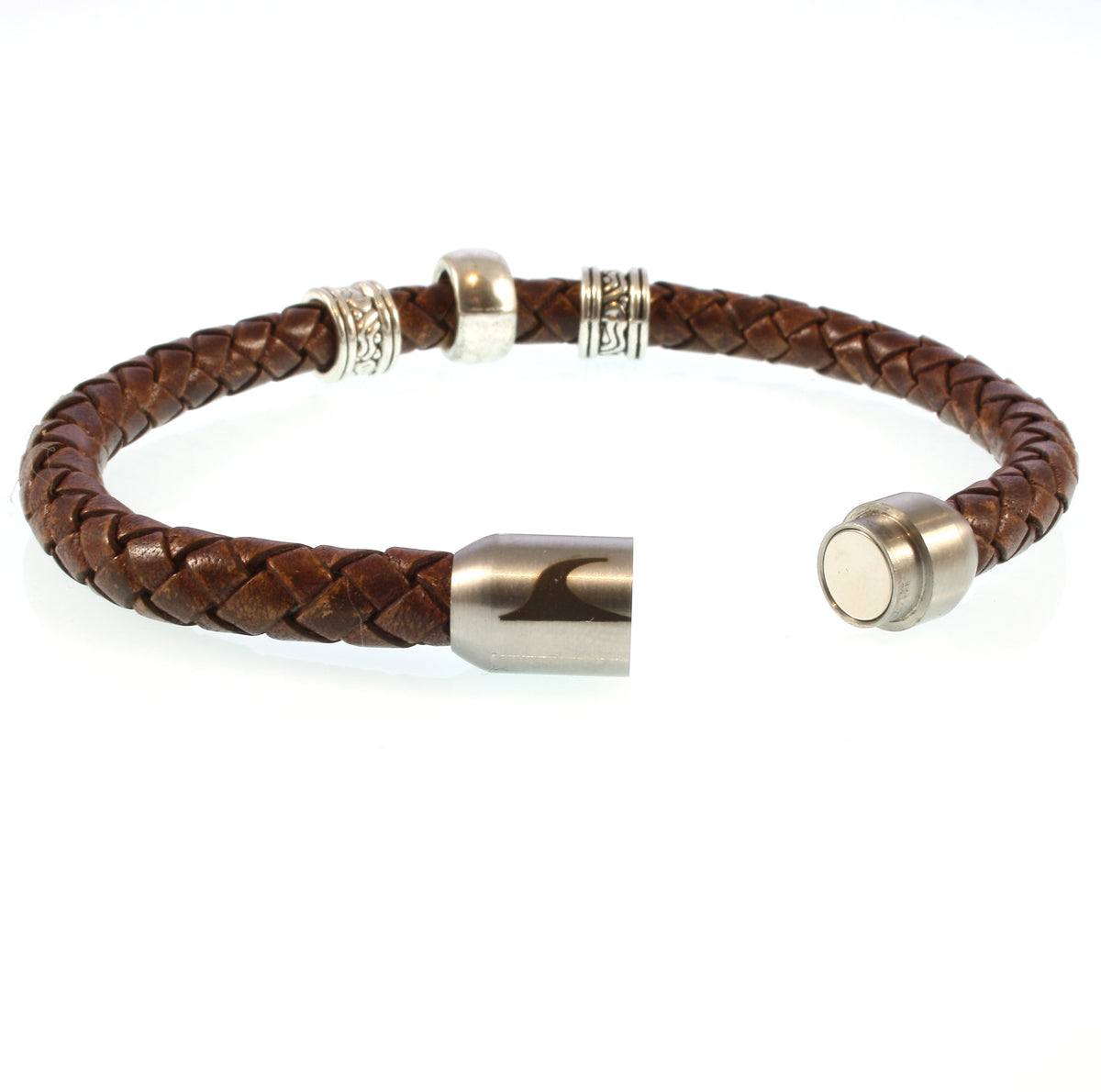 lederarmband-herren-damen-cognac-silber-sylt-charm-geflochten-Edelstahlverschluss-offen-wavepirate-shop-f