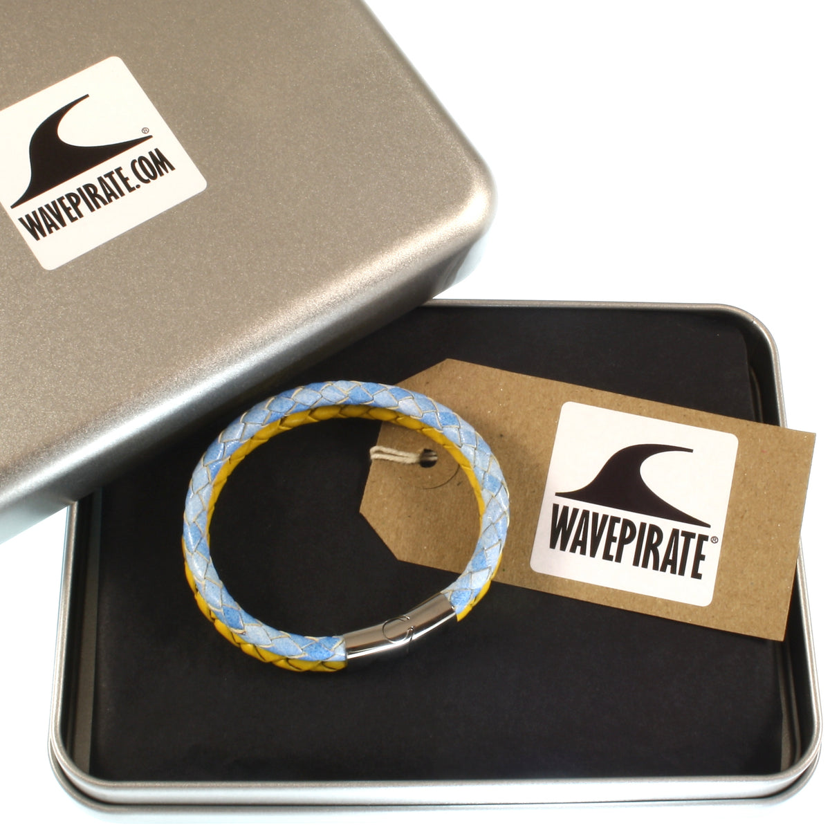 lederarmband-herren-damen-hellblau-gelb-swell-geflochten-Edelstahlverschluss-geschenkverpackung-wavepirate-shop-mx