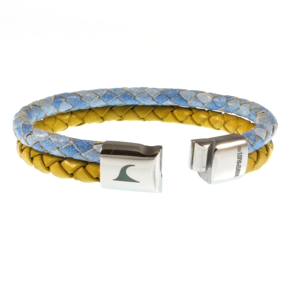 lederarmband-herren-damen-hellblau-gelb-swell-geflochten-Edelstahlverschluss-offen-wavepirate-shop-mx