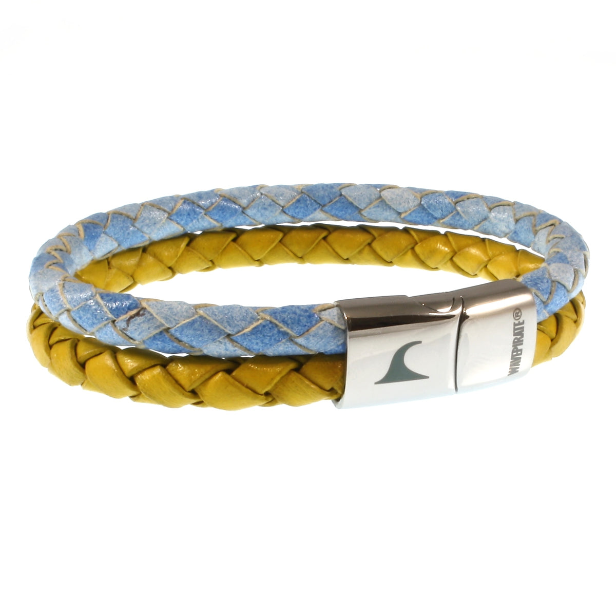 lederarmband-herren-damen-hellblau-gelb-swell-geflochten-Edelstahlverschluss-vorn-wavepirate-shop-mx