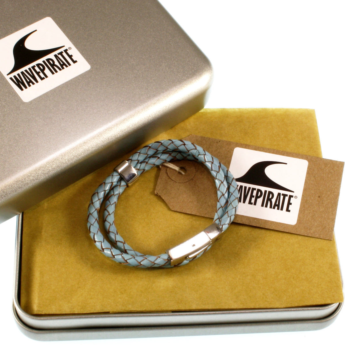 lederarmband-herren-damen-hellblau-two-geflochten-Edelstahlverschluss-geschenkverpackung-wavepirate-shop-f