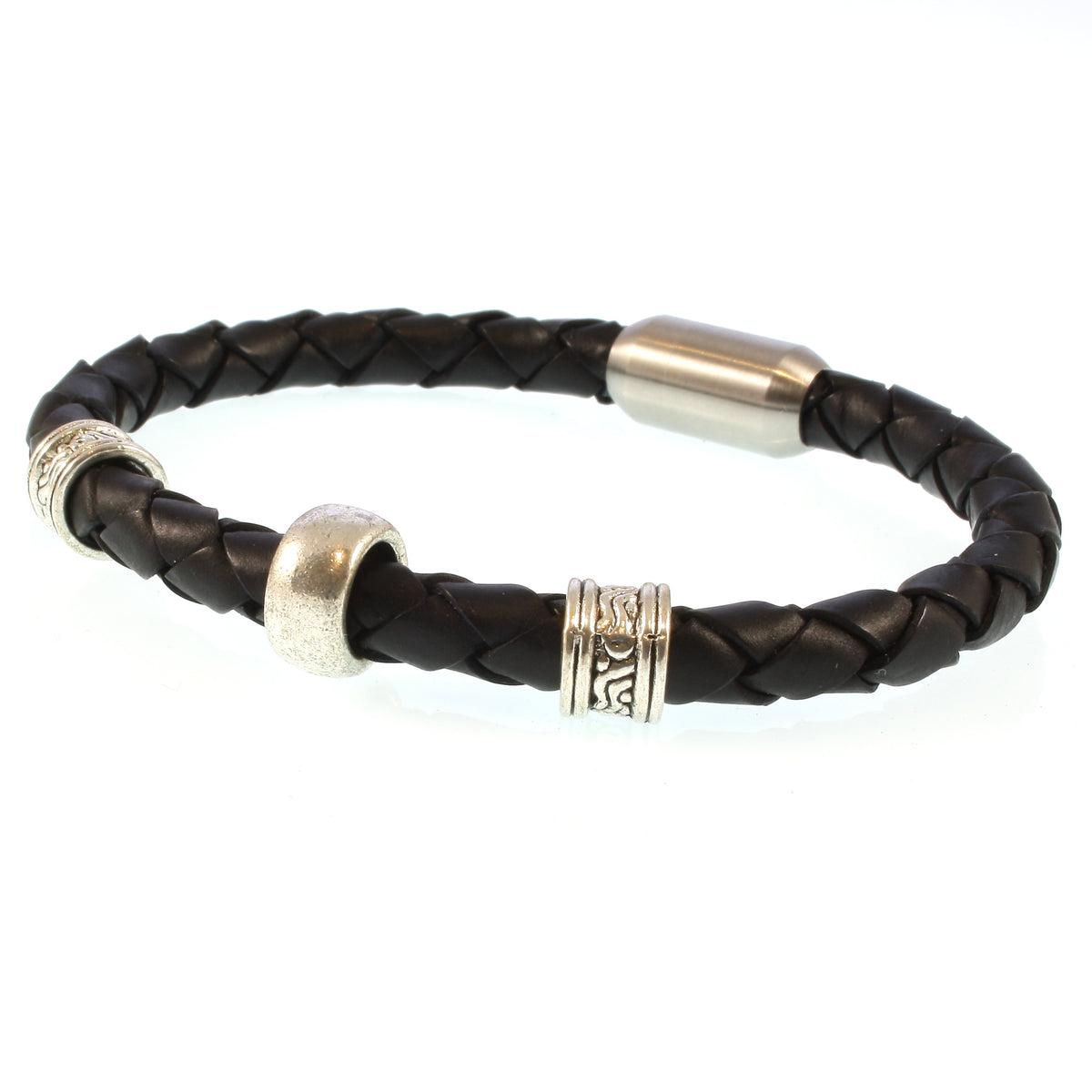 lederarmband-herren-damen-schwarz-silber-sylt-charm-geflochten-Edelstahlverschluss-hinten-wavepirate-shop-f