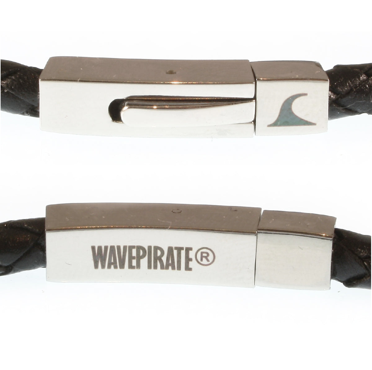 lederarmband-herren-damen-schwarz-two-geflochten-Edelstahlverschluss-detail-wavepirate-shop-f