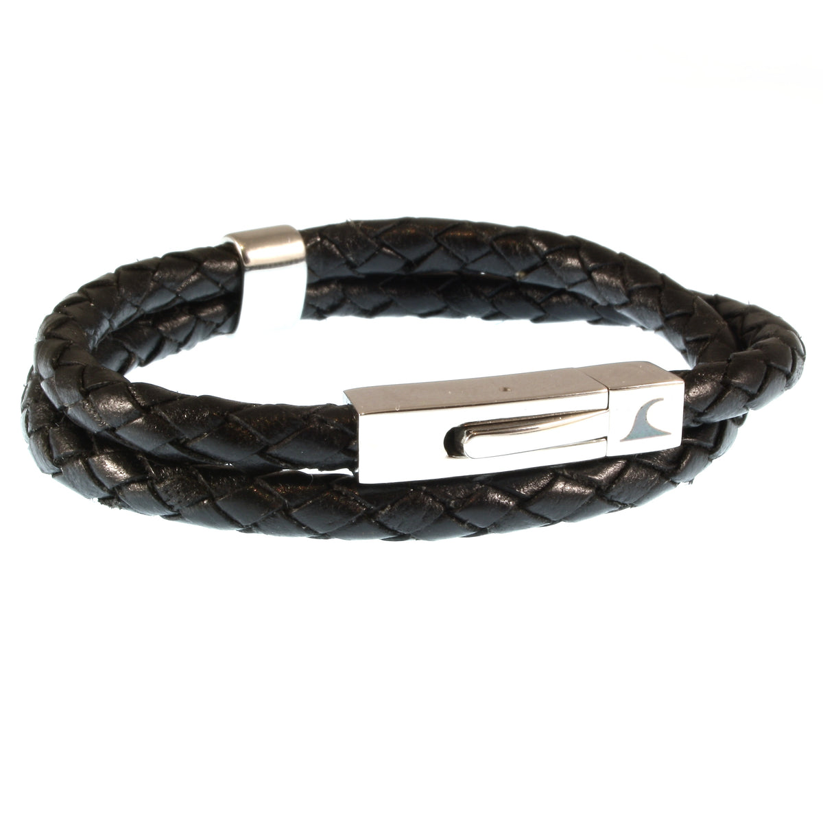 lederarmband-herren-damen-schwarz-two-geflochten-Edelstahlverschluss-vorn-wavepirate-shop-f