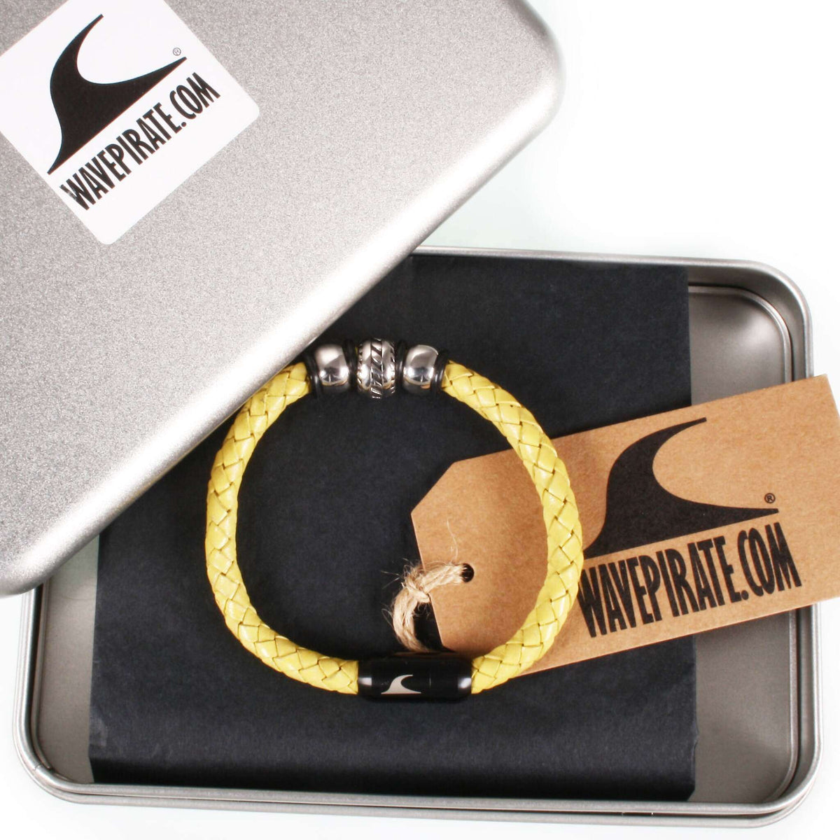 lederarmband-herren-gelb-schwarz-steel-geflochten-Edelstahlverschluss-geschenkverpackung-wavepirate-shop-f