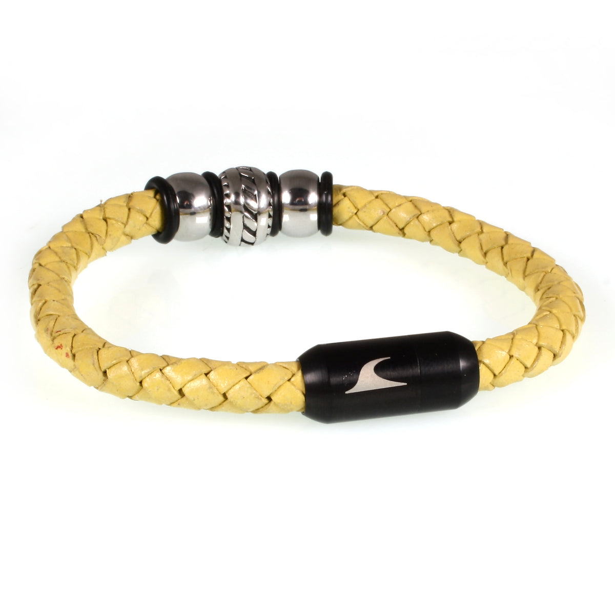 lederarmband-herren-gelb-schwarz-steel-geflochten-Edelstahlverschluss-hinten-wavepirate-shop-f