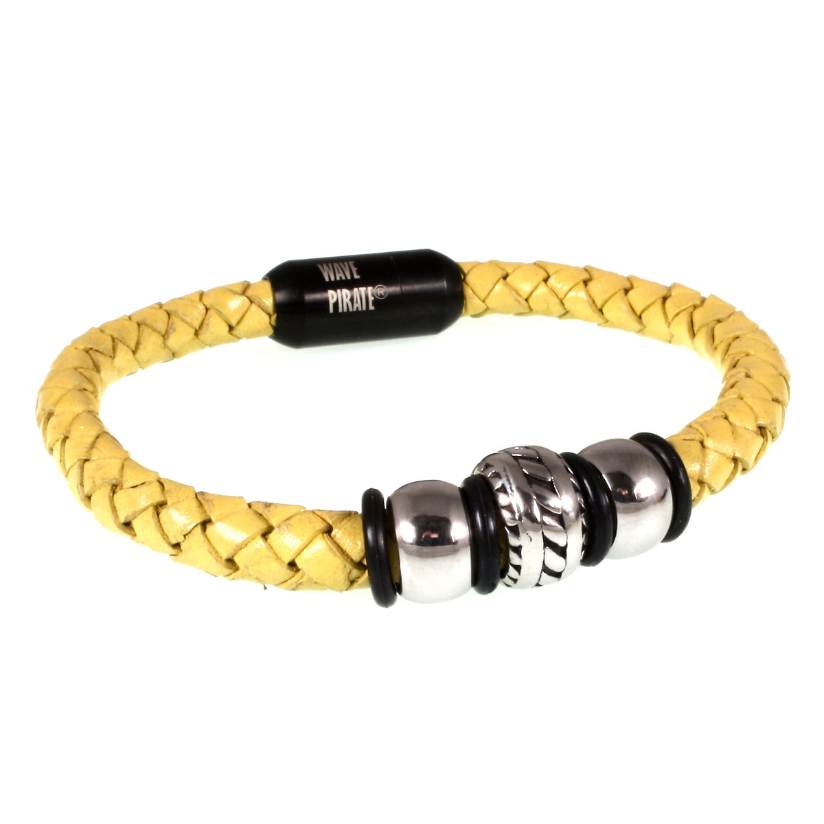lederarmband-herren-gelb-schwarz-steel-geflochten-Edelstahlverschluss-vorn-wavepirate-shop-f