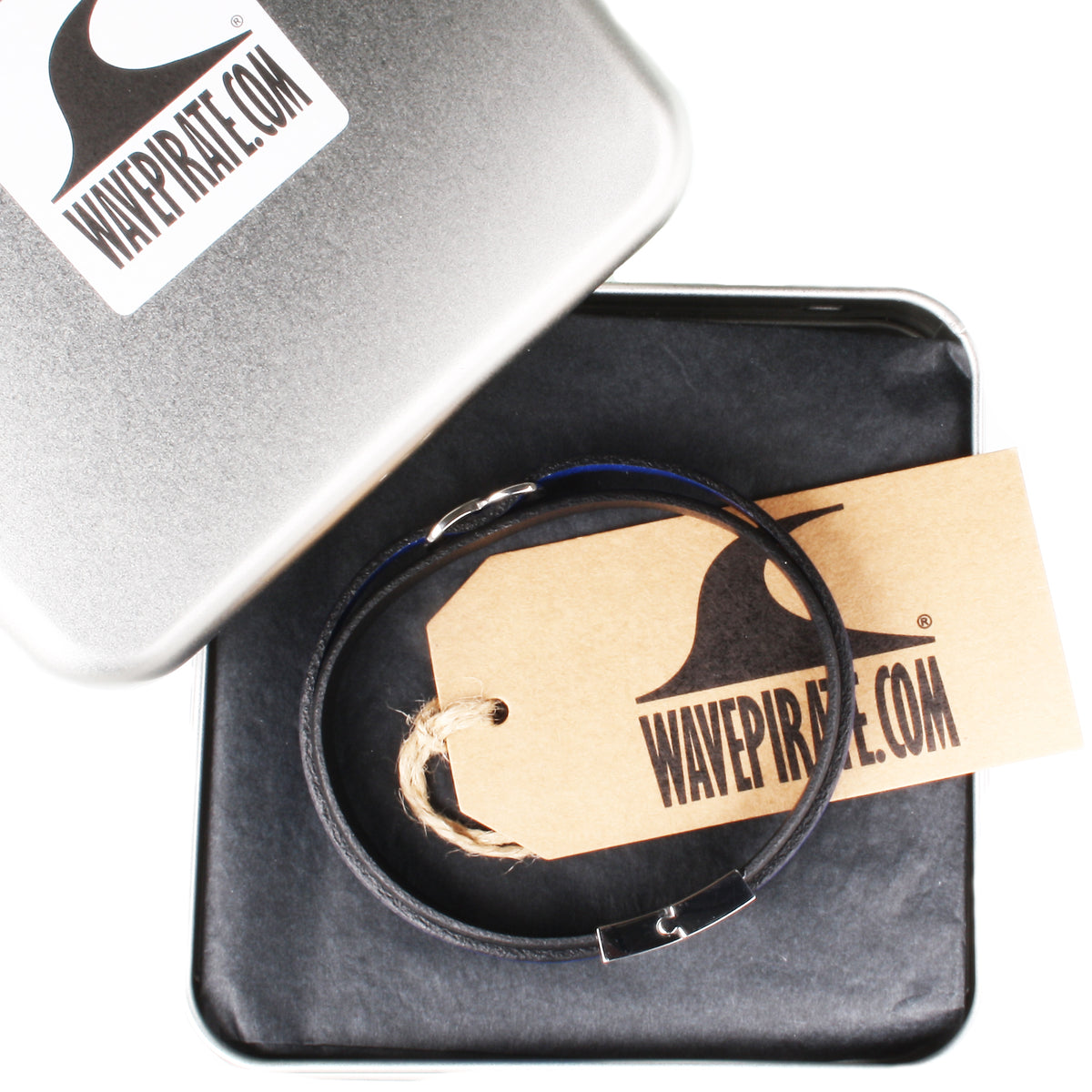 lederarmband-herren-schwarz-blau-infinity-Edelstahlverschluss-geschenkverpackung-wavepirate-shop