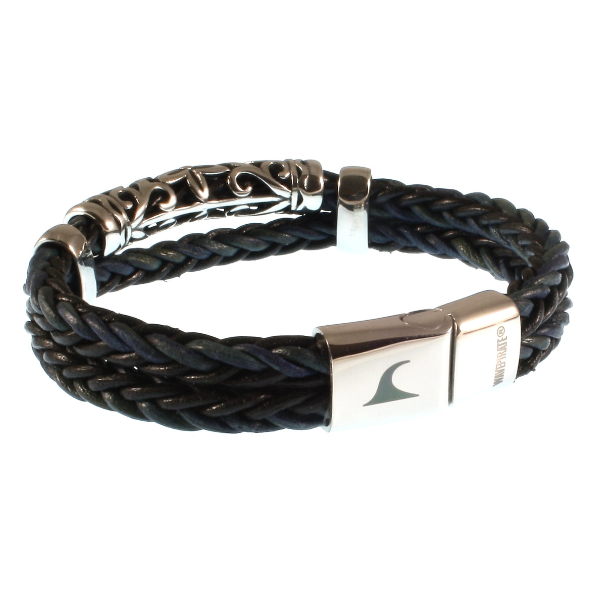 lederarmband-herren-schwarz-blau-xo-geflochten-Edelstahlverschluss-hinten-wavepirate-shop-z8