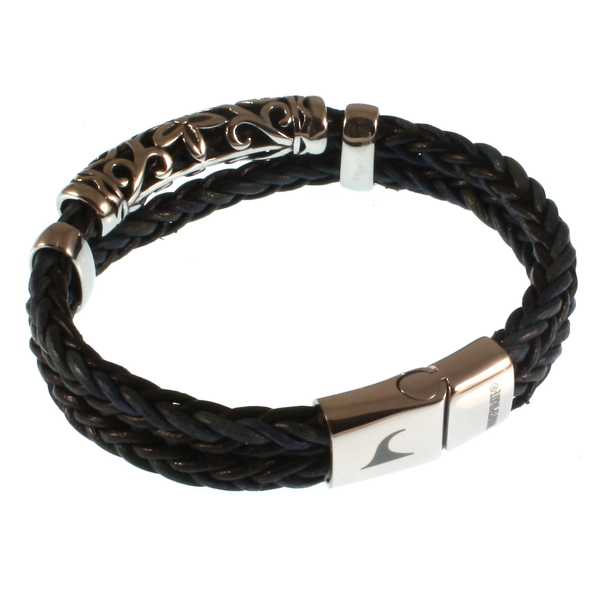 lederarmband-herren-schwarz-blau-xo-geflochten-Edelstahlverschluss-hinten-wavepirate-shop-z81