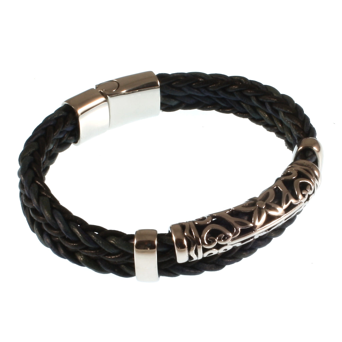 lederarmband-herren-schwarz-blau-xo-geflochten-Edelstahlverschluss-vorn-wavepirate-shop-z81