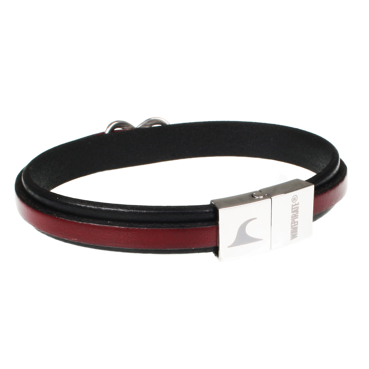 lederarmband-herren-schwarz-bordeaux-infinity-Edelstahlverschluss-hinten-wavepirate-shop