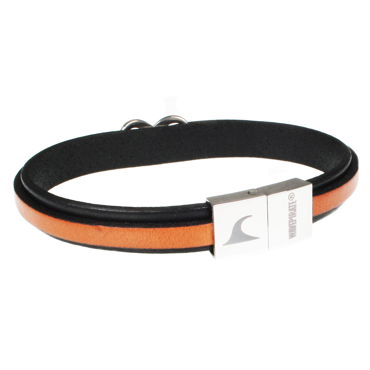 lederarmband-herren-schwarz-cognac-infinity-Edelstahlverschluss-hinten-wavepirate-shop