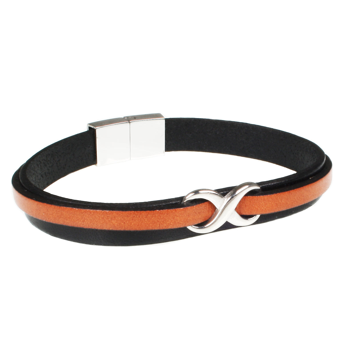 lederarmband-herren-schwarz-cognac-infinity-Edelstahlverschluss-vorn-wavepirate-shop