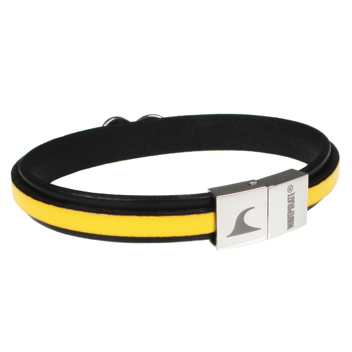 lederarmband-herren-schwarz-gelb-infinity-Edelstahlverschluss-hinten-wavepirate-shop
