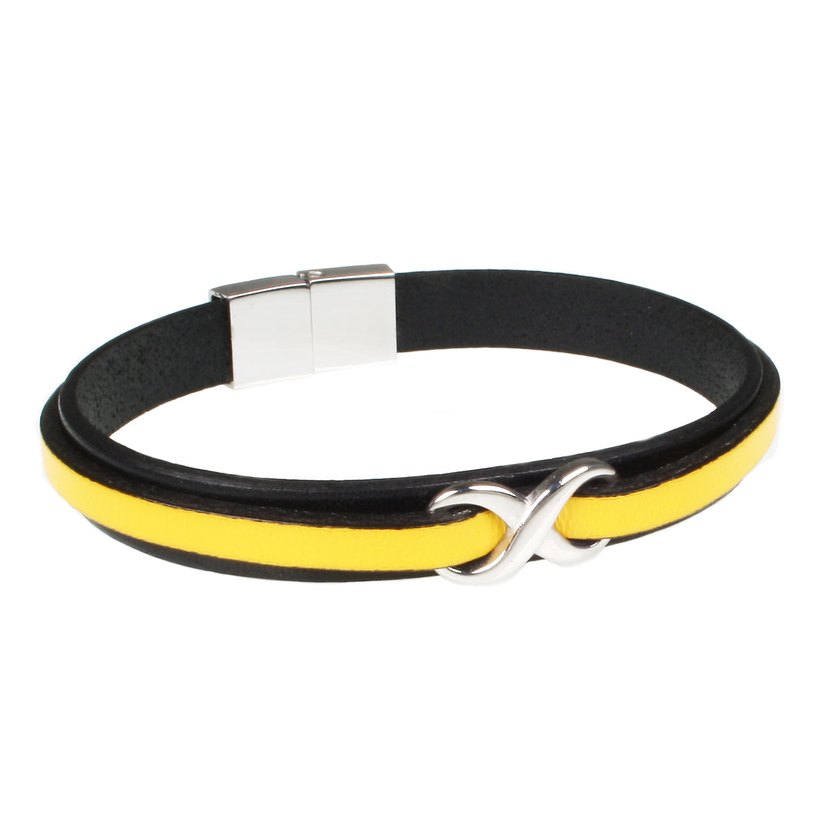 lederarmband-herren-schwarz-gelb-infinity-Edelstahlverschluss-vorn-wavepirate-shop